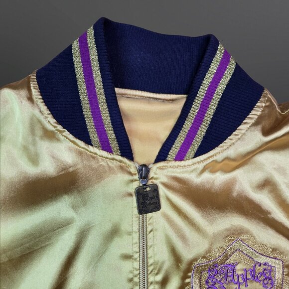 Y2K Apple Bottoms Gold Satin Souvenir Bomber Jacket Size L Rhinestone Full Zip - Picture 7 of 11